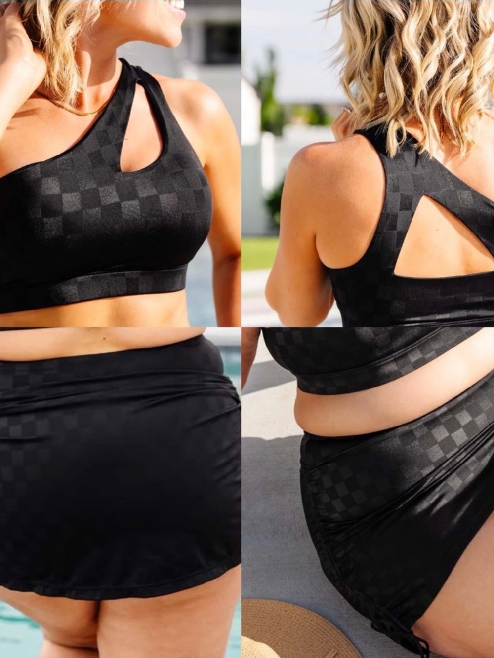 KIAVA Black One-Shoulder Check-Texture Bikini Set